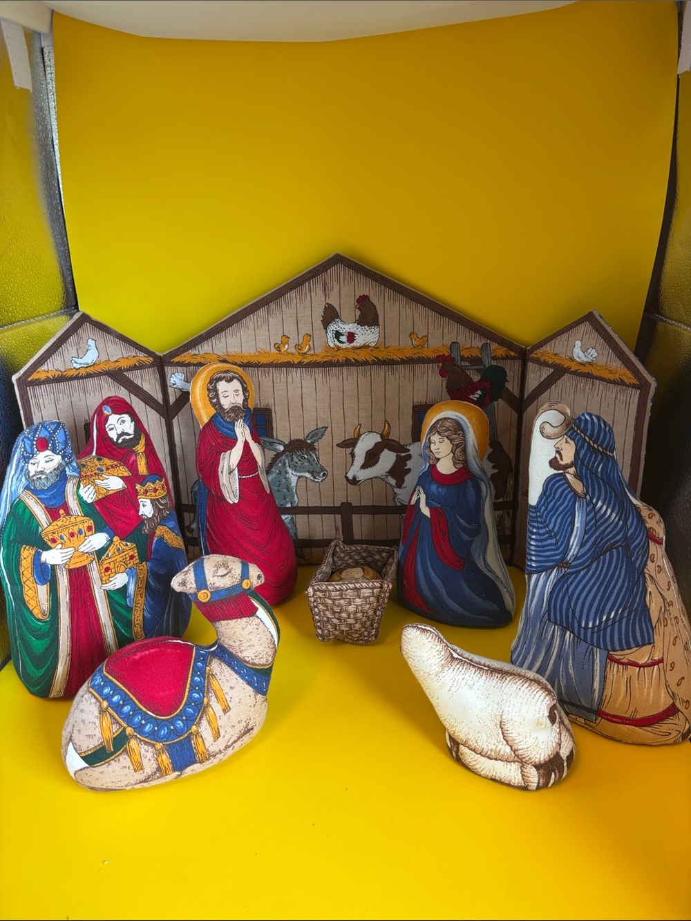 Handcrafted Fabric Nativity Set in Red, Blue, Green, Tan
